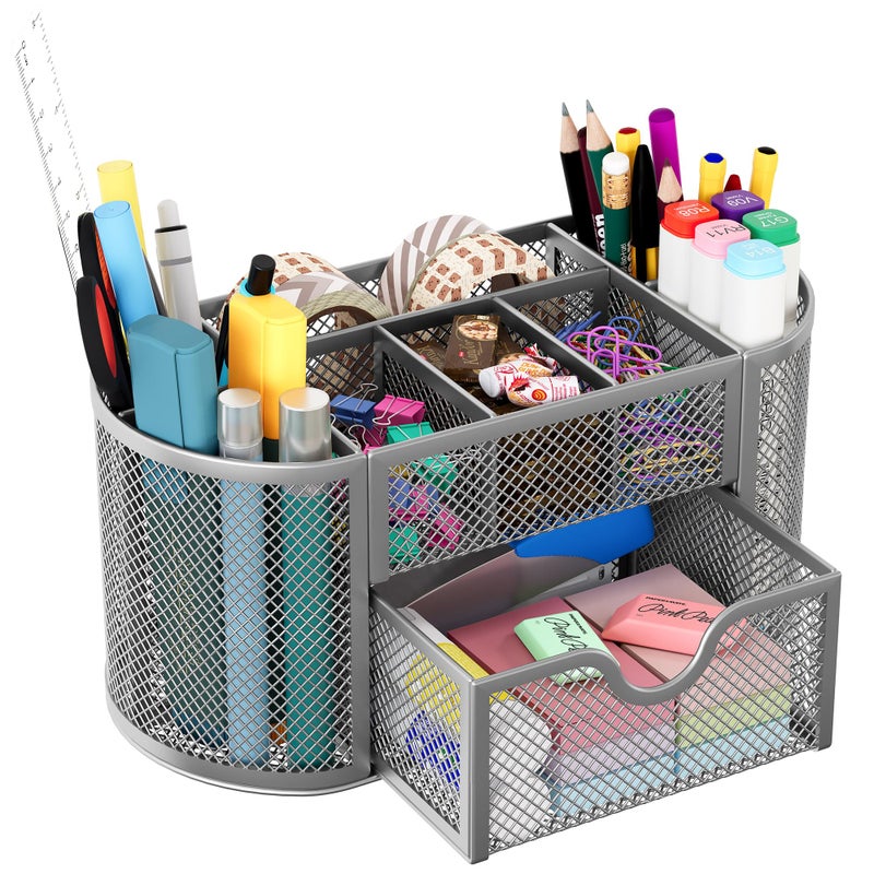 EasyPAG Mesh Pen Holder Desk Organizer with Drawer Stationery Supplies Organizer for Dorm School 9 Compartments Workspace Desk Accessories Organization for Office, Silver - Image 1